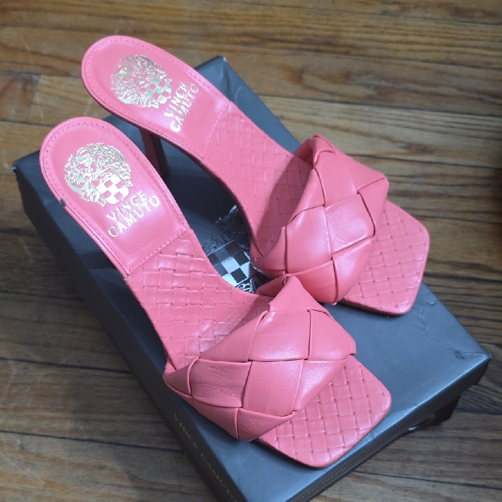 Vince Camuto Coral Pink Woven Leather Slide Mules